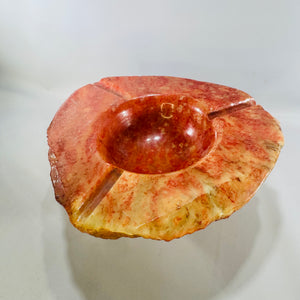 Raw Edge Red Alabaster Ashtray 1960s MCM Heavy Stone Smoking Bowl 8.25 Inch