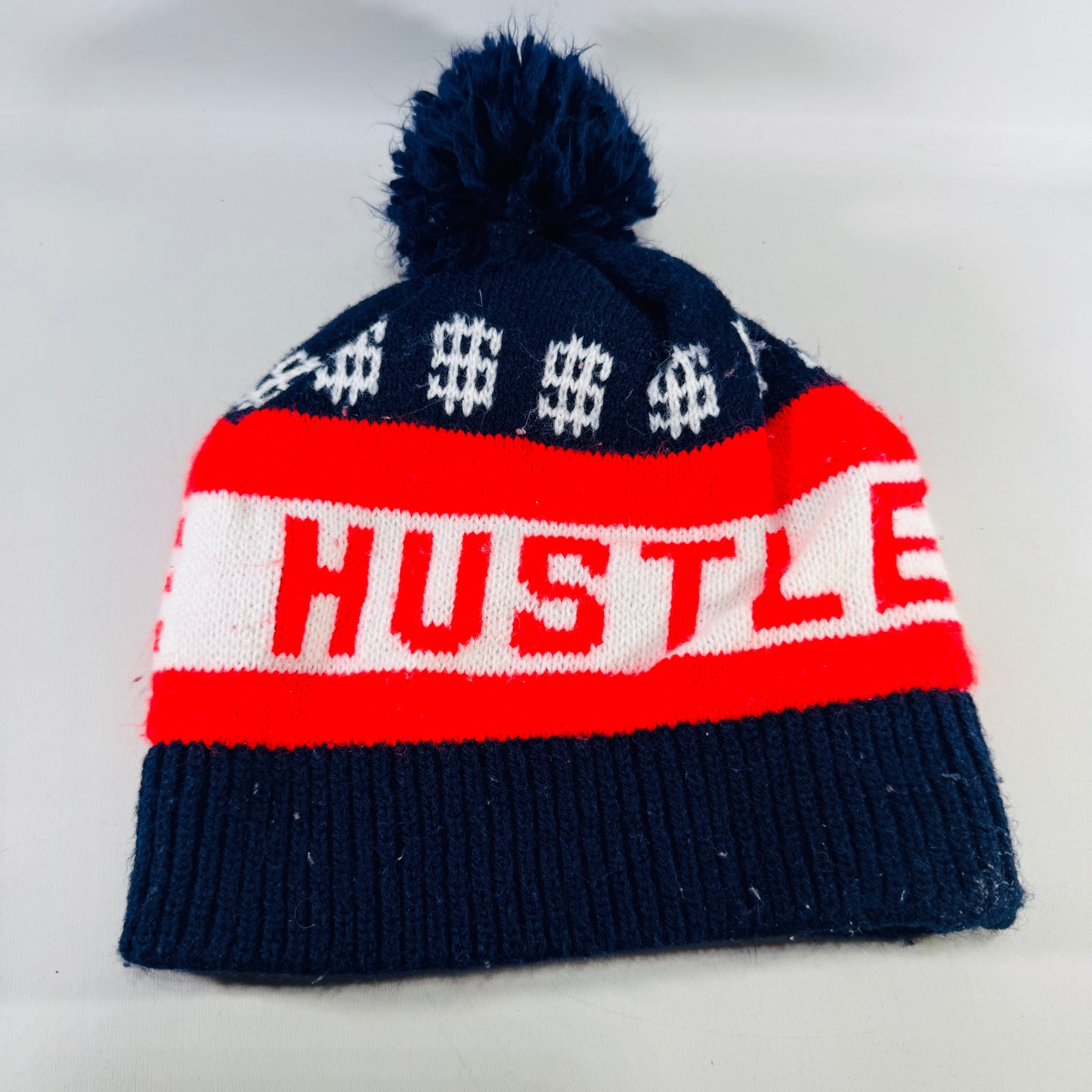 Y2K Hustle Pom Pom Beanie Red White Blue Dollar Sign Streetwear Knit Hat