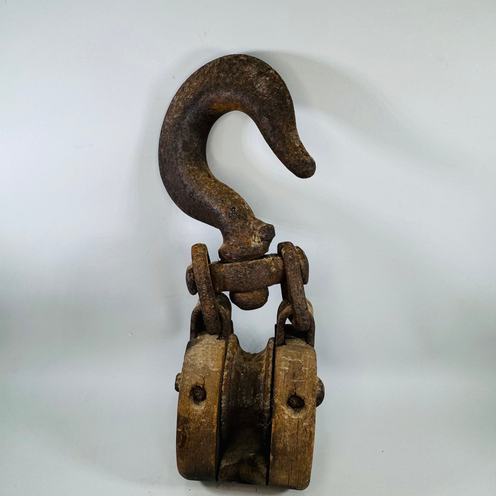 Antique Wood Pulley with Iron Hook | Rustic Barn Block Tackle Decor