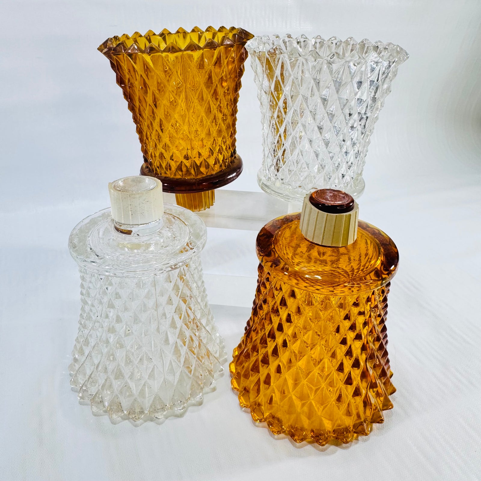 Homco Diamond Point Peg Votive Holders Set of 4 Amber Clear