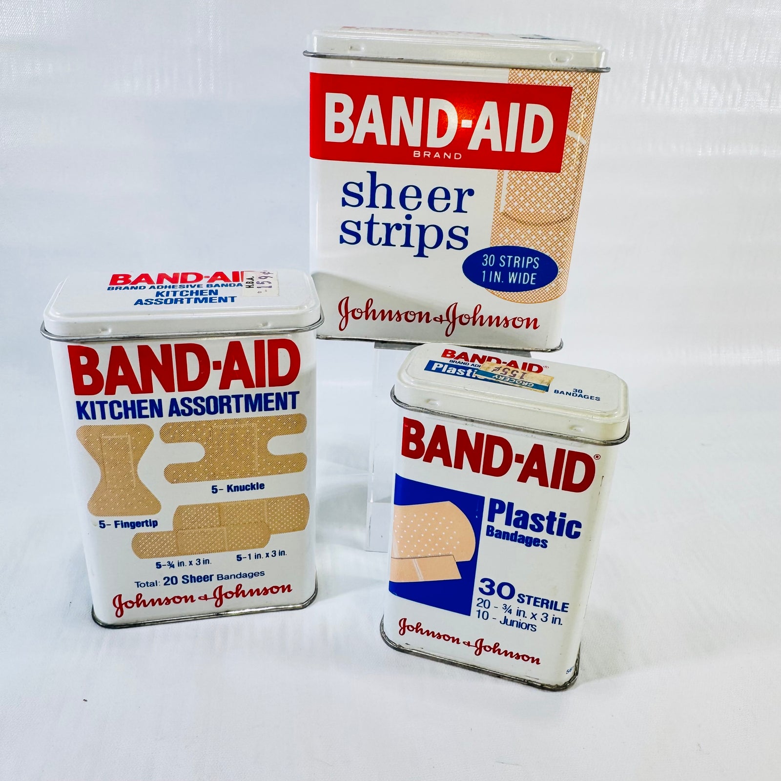 Johnson & Johnson Band-Aid Metal Tin Lot of 3 1980s Kitchen Sheer Strips Plastic