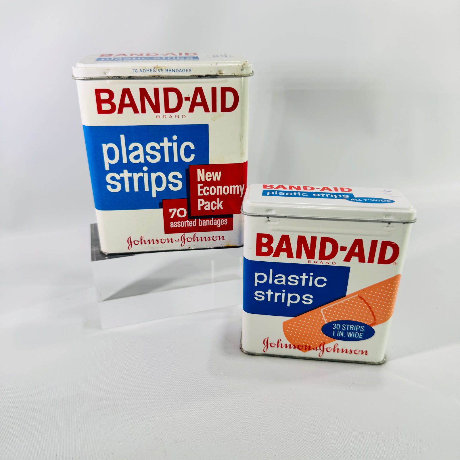 Vintage Band Aid Tin Set of 2, Johnson & Johnson Plastic Strips Metal First Aid Tins, Mid Century Medical Advertising Storage