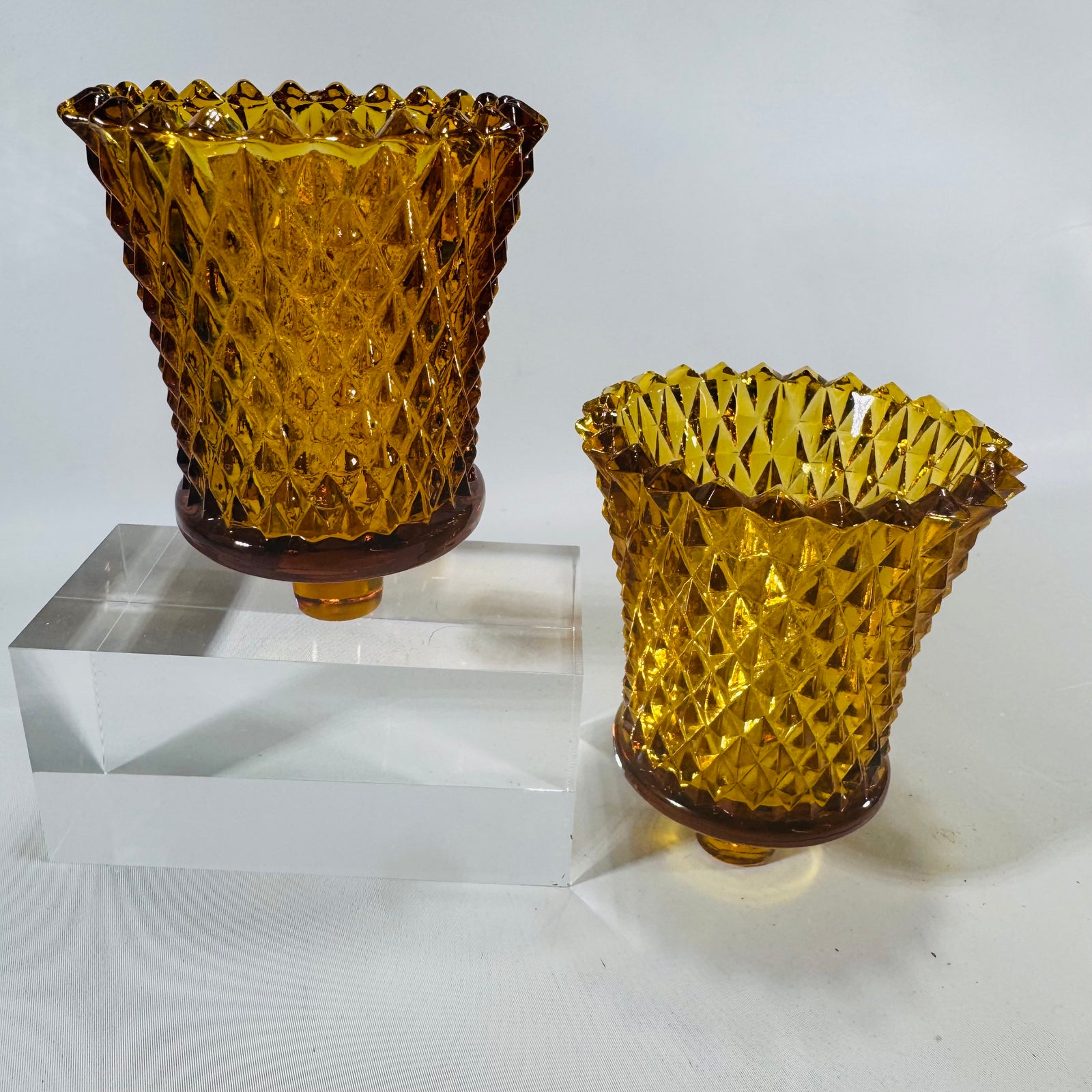 Homco Amber Diamond Point Peg Votive Holders Set of 2 Vintage Home Interiors Glass Candle Cups