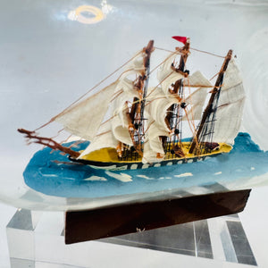 Three Mast Ship in Bottle Nautical Sailing Vessel on Wood Base
