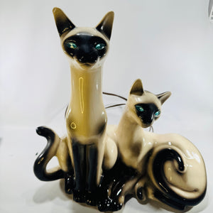 Lane & Co. Siamese Cats TV Lamp 1950s Ceramic Blue Jewel Eyes