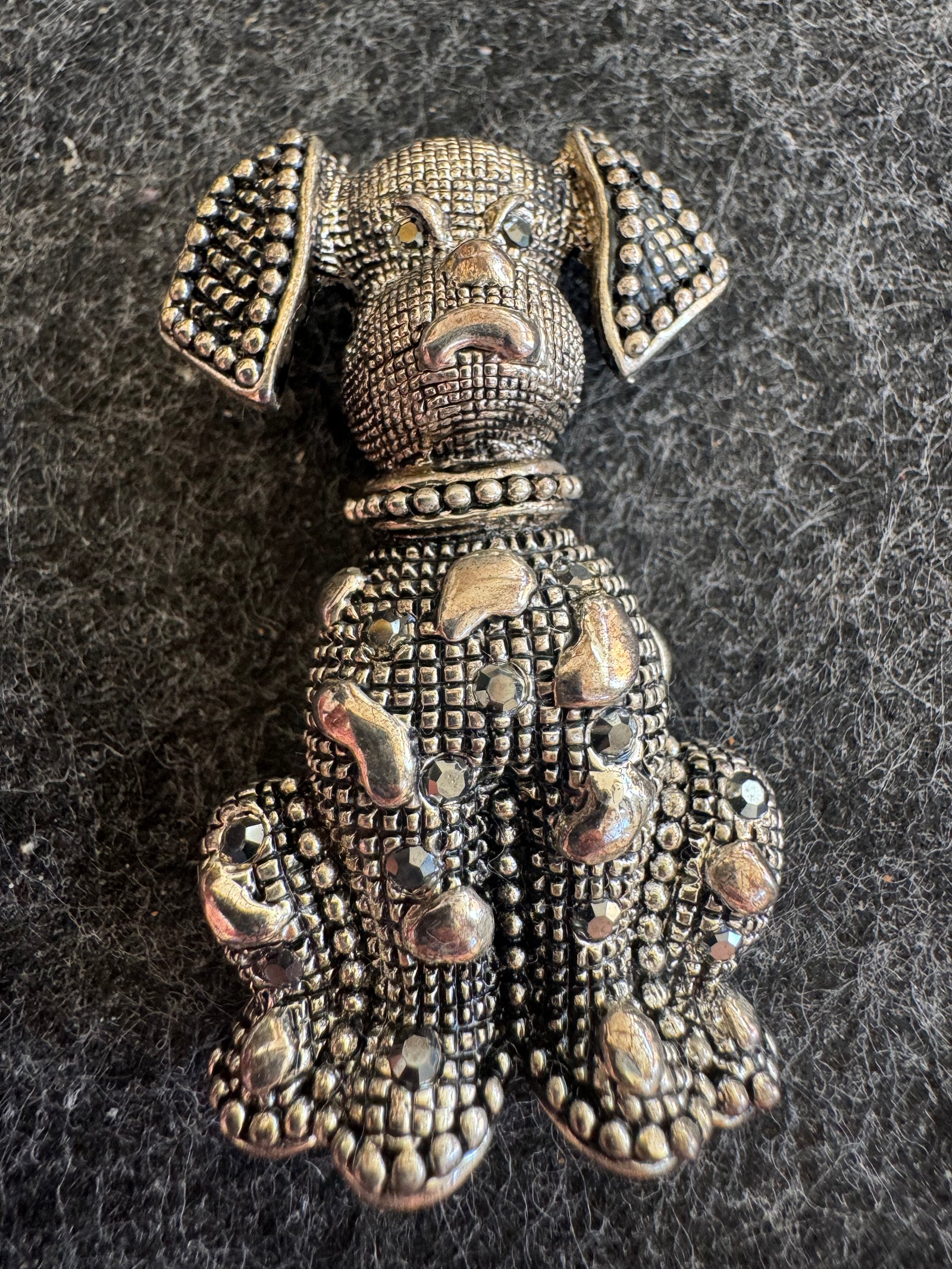 Vintage Silver Tone Dog Brooch Pin 2 1/8” | Textured Puppy with Marcasite Style Crystals | Unbranded Statement Lapel Pin