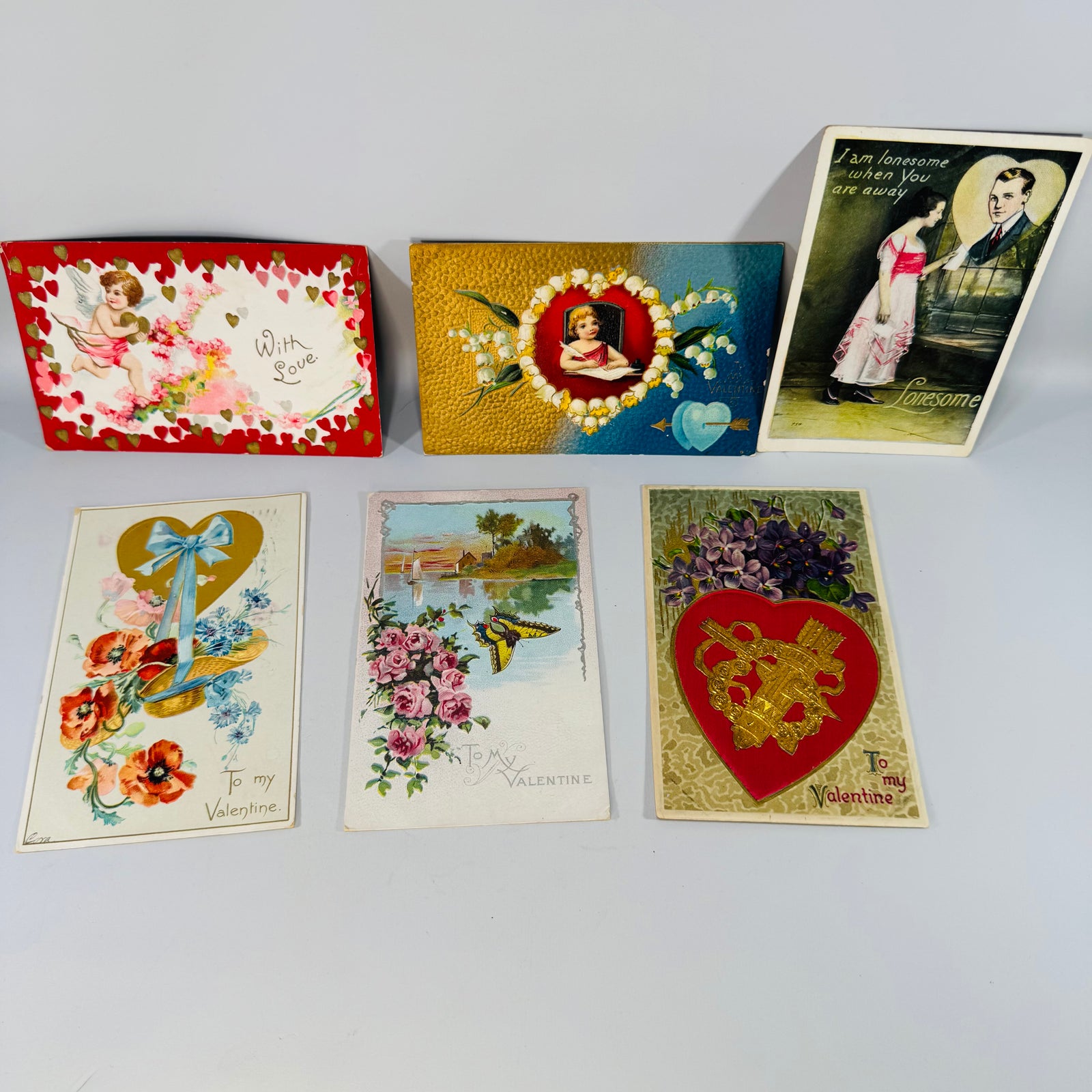Antique Valentine Postcard Lot of 6 | Embossed Cupid Floral | Raphael Tuck & Germany Print | 1905–1912 Vintage Ephemera
