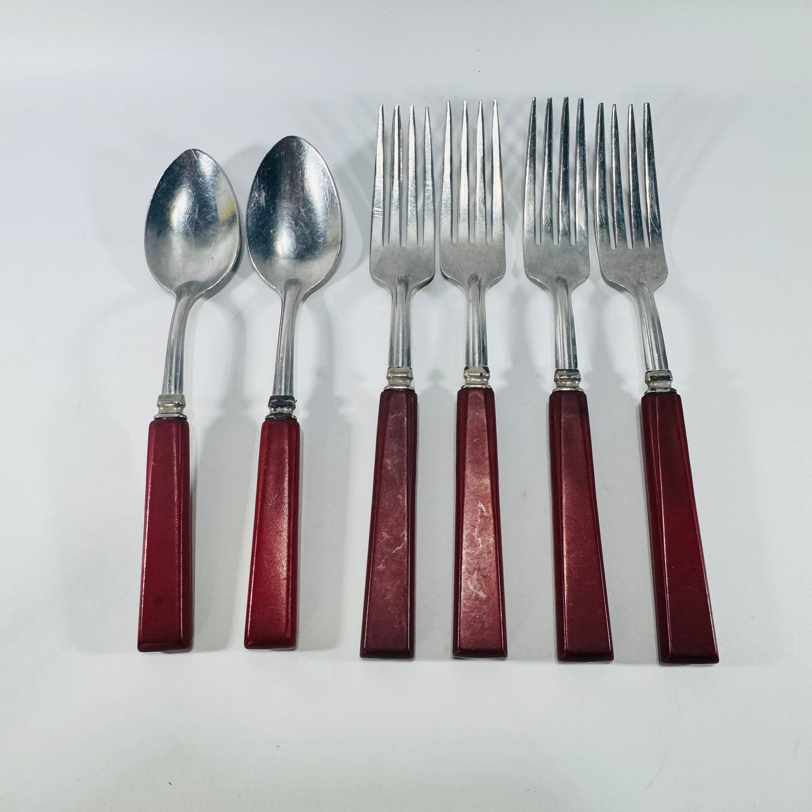 STAINLESS U.S.A. Red Bakelite Flatware Set 1930s to 1950s 6 Piece