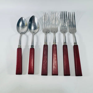 STAINLESS U.S.A. Red Bakelite Flatware Set 1930s to 1950s 6 Piece