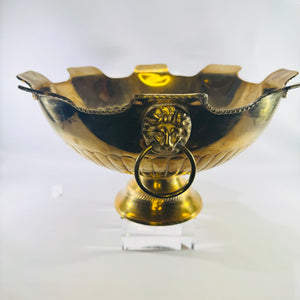Solid Brass Lion Head Pedestal Bowl, Hollywood Regency Scalloped Centerpiece