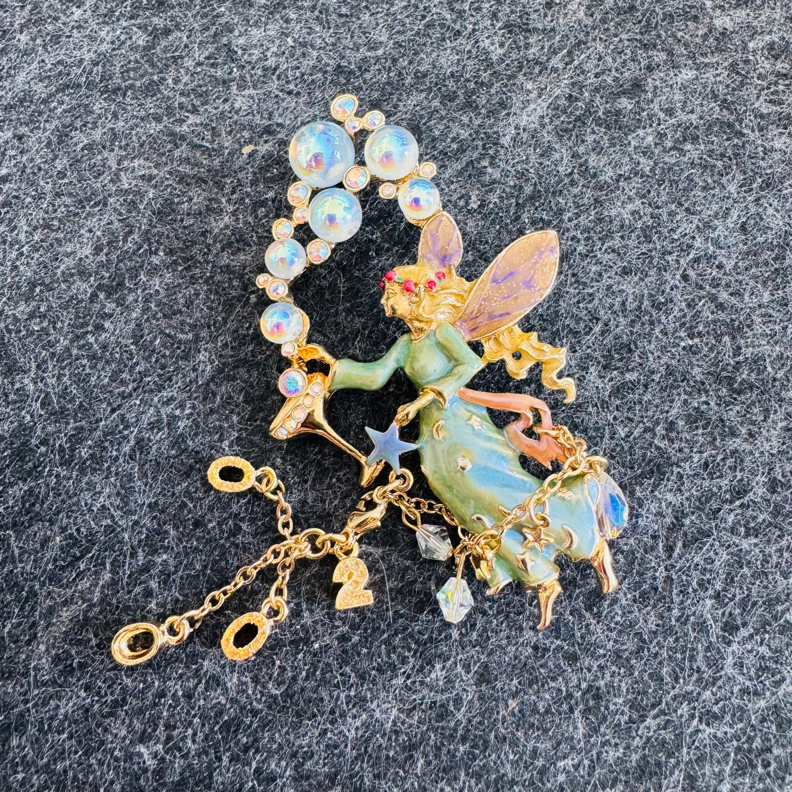 Kirks Folly Bubble Fairy brooch Pendant, AB Aurora Borealis Rhinestone Fairy Pin, Gold Tone Dangle Beads