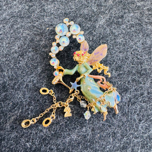 Kirks Folly Bubble Fairy brooch Pendant, AB Aurora Borealis Rhinestone Fairy Pin, Gold Tone Dangle Beads