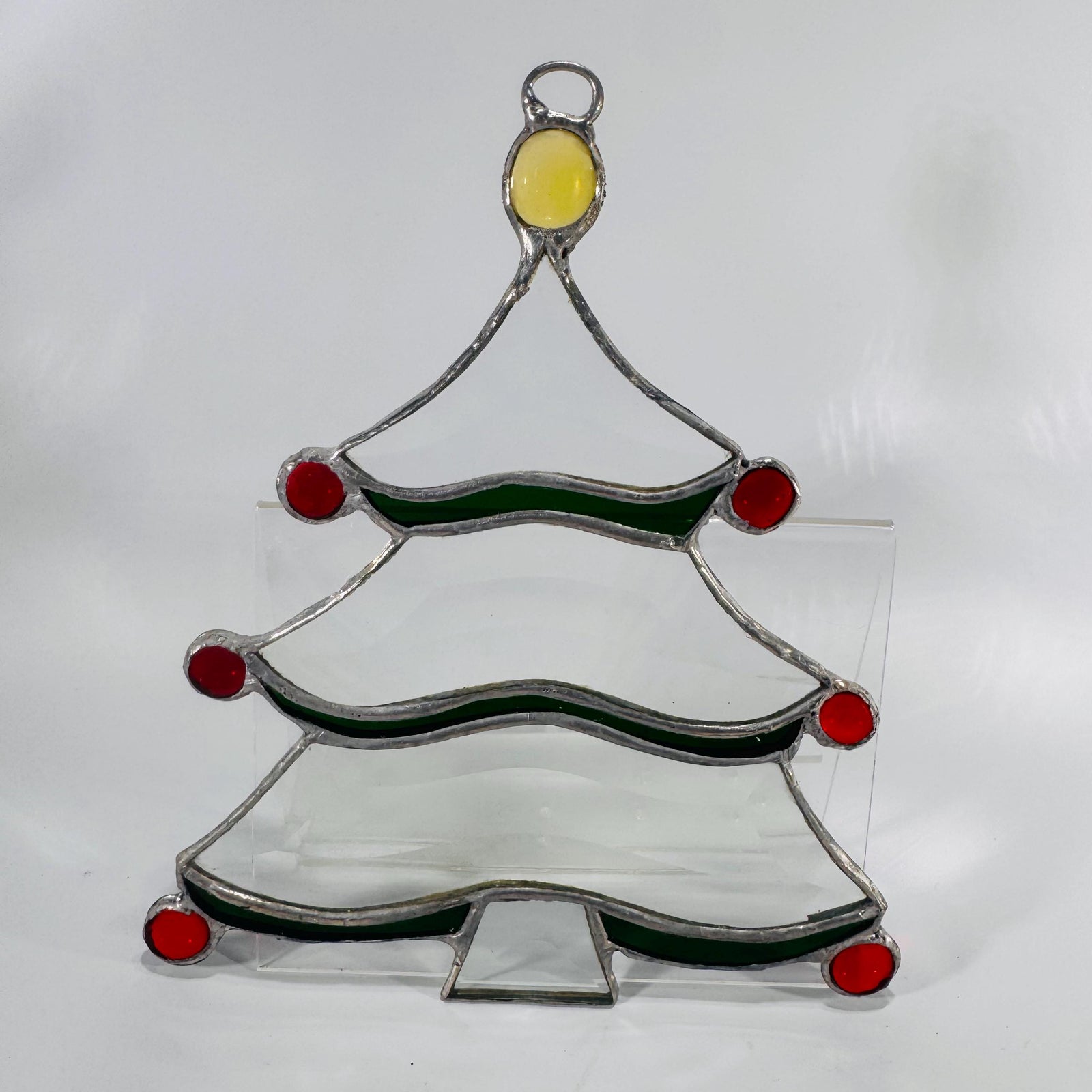Stained Glass Christmas Tree Suncatcher 1980s| 8x6 Handmade Holiday Window Ornament, Red Cabochons & Yellow Star, Leaded Art Glass Décor