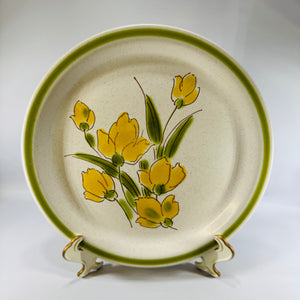 Vintage 1970s Stonybrook Stoneware Dinner Plate, Spring Collection Yellow Flowers Green Band