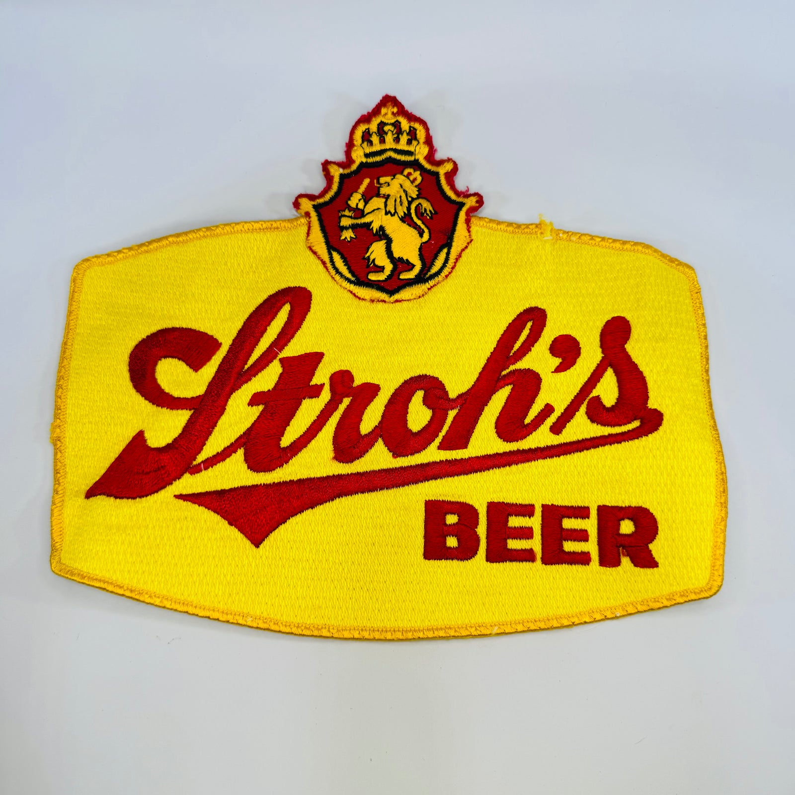 Stroh's Beer Embroidered Patch Lion Crest Yellow Red 1970s Brewery Advertising 9 Inch Sew On