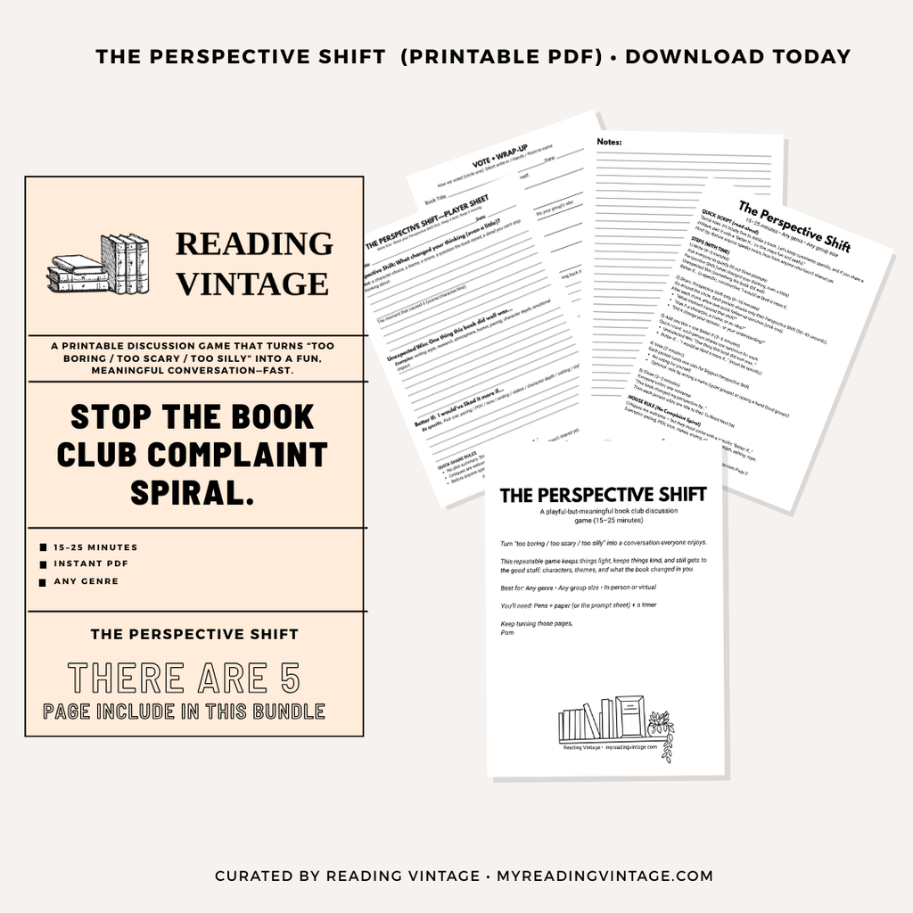 Printable PDF book club discussion game The Perspective Shift Draft host guide player sheet vote and wrap-up pages