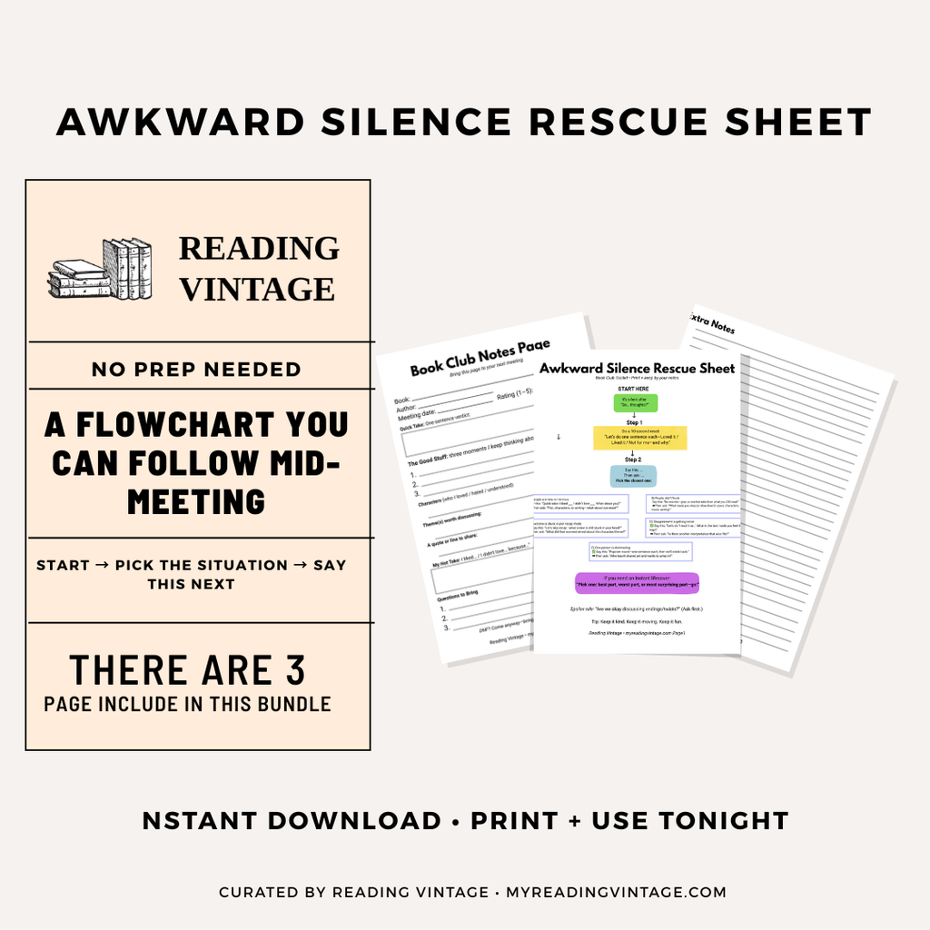 Three-page book club games printable with an awkward silence rescue flowchart, discussion scripts, and book club notes pages from Reading Vintage.”