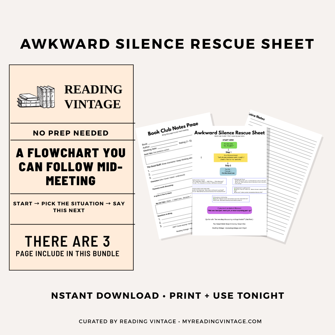 Three-page book club games printable with an awkward silence rescue flowchart, discussion scripts, and book club notes pages from Reading Vintage.”