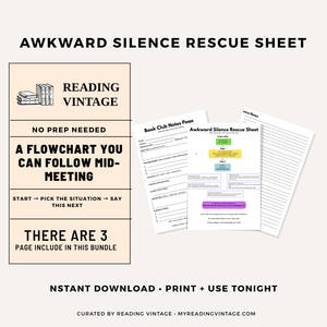Three-page book club games printable with an awkward silence rescue flowchart, discussion scripts, and book club notes pages from Reading Vintage.”