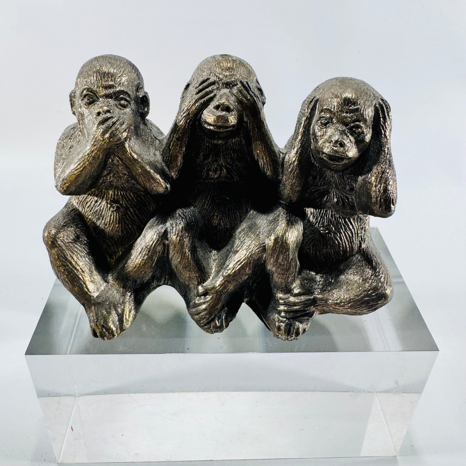 Three Wise Monkeys Figurine Antique Silver Tone See Hear Speak No Evil Desk Sculpture