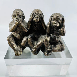 Three Wise Monkeys Figurine Antique Silver Tone See Hear Speak No Evil Desk Sculpture