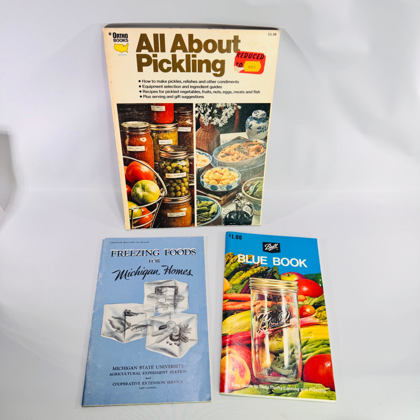 Vintage Home Canning Book Bundle Ball Blue Book No. 29 Ortho All About Pickling & Michigan Freezing Foods