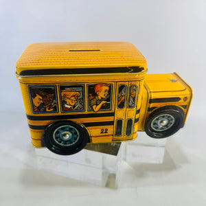 Vintage Tin School Bus Coin Bank Bus 22 Lithographed Kids Toy Removable Lid 7 In