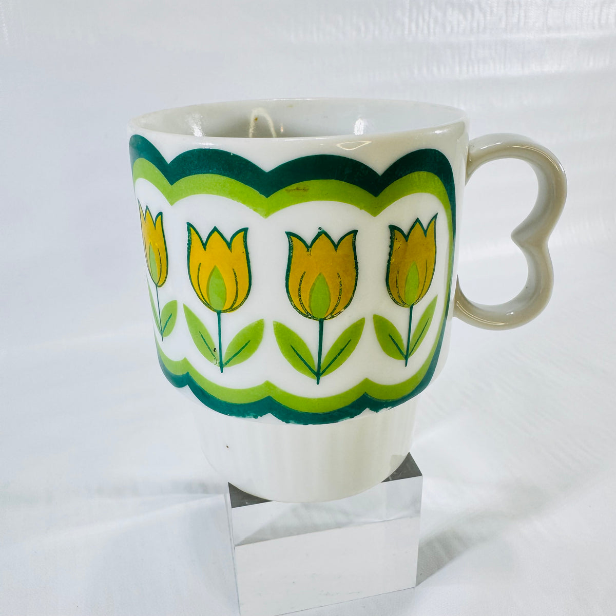 1970s Japanese Tulip Stacking Mug Green Yellow Mod Ceramic
