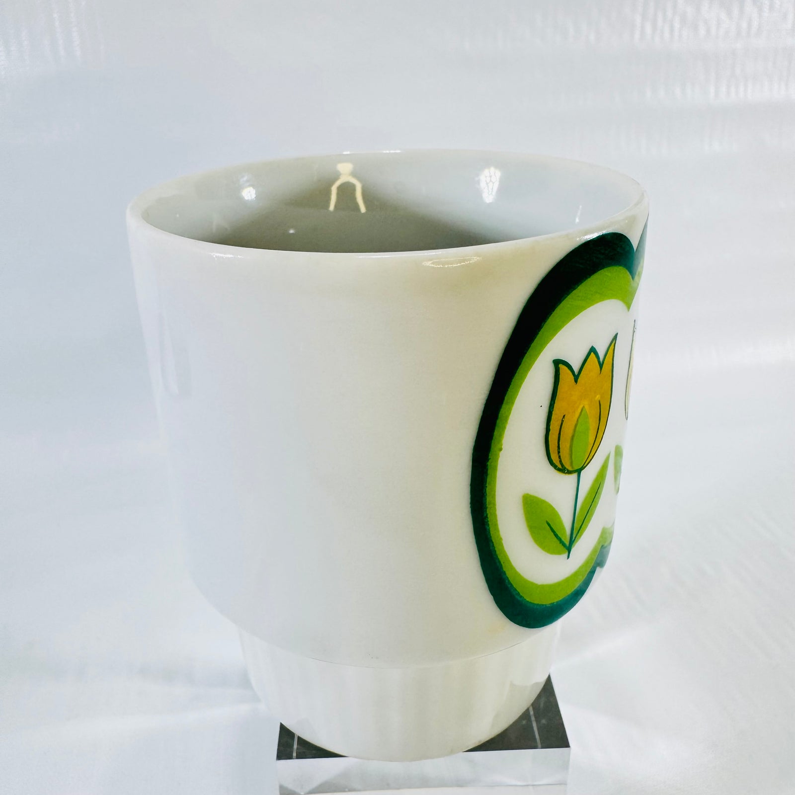 1970s Japanese Tulip Stacking Mug Green Yellow Mod Ceramic