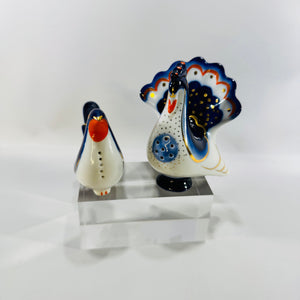 Lomonosov Turkey Bird Salt and Pepper Shakers LFZ Made in USSR Cobalt Porcelain Set