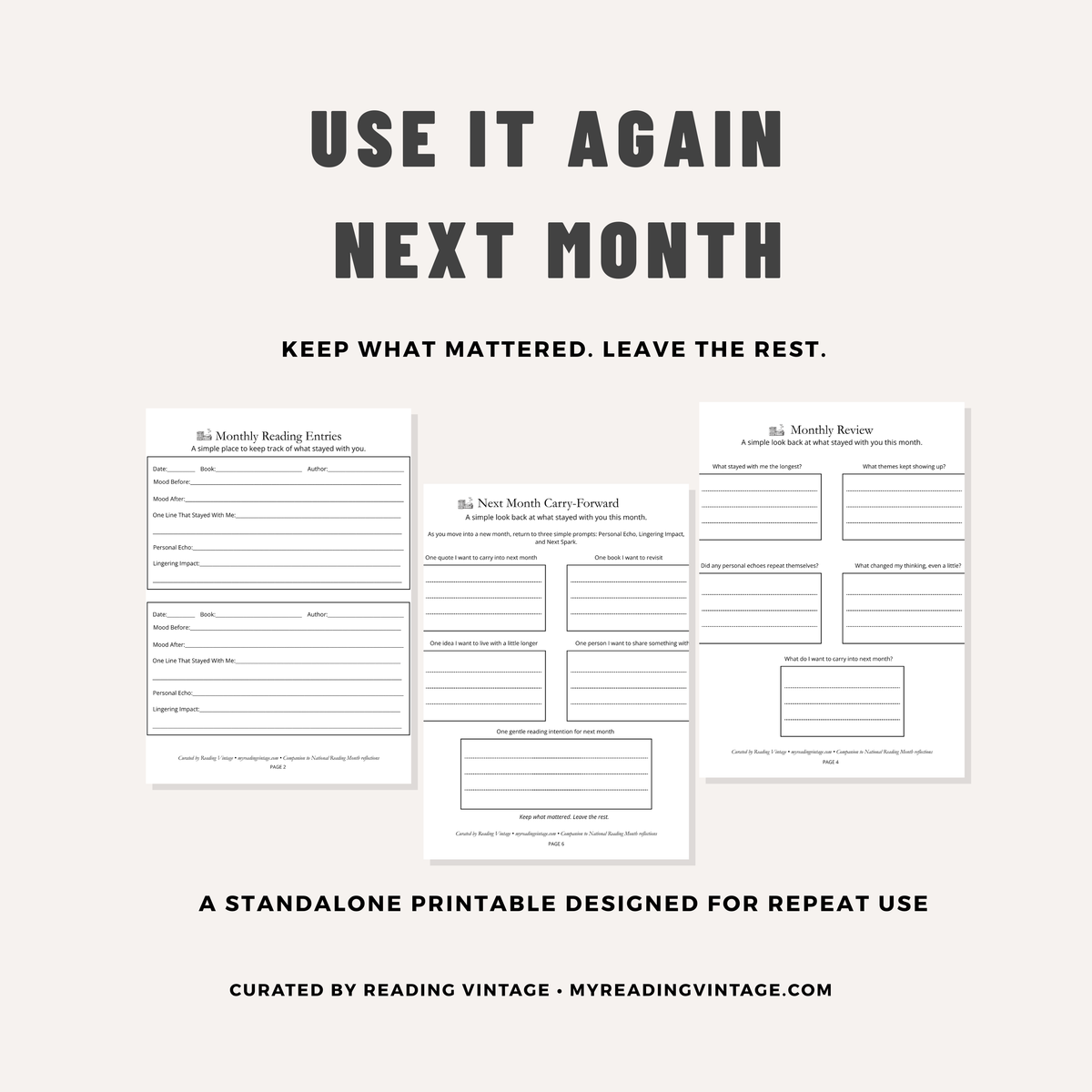 Monthly Reading & Reflection Tracker Printable | 6-Page Reading Journal PDF