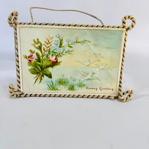 Victorian Hanging Calling Card Holder Loving Greeting Postcard Rope Frame Floral Dove Wall Display