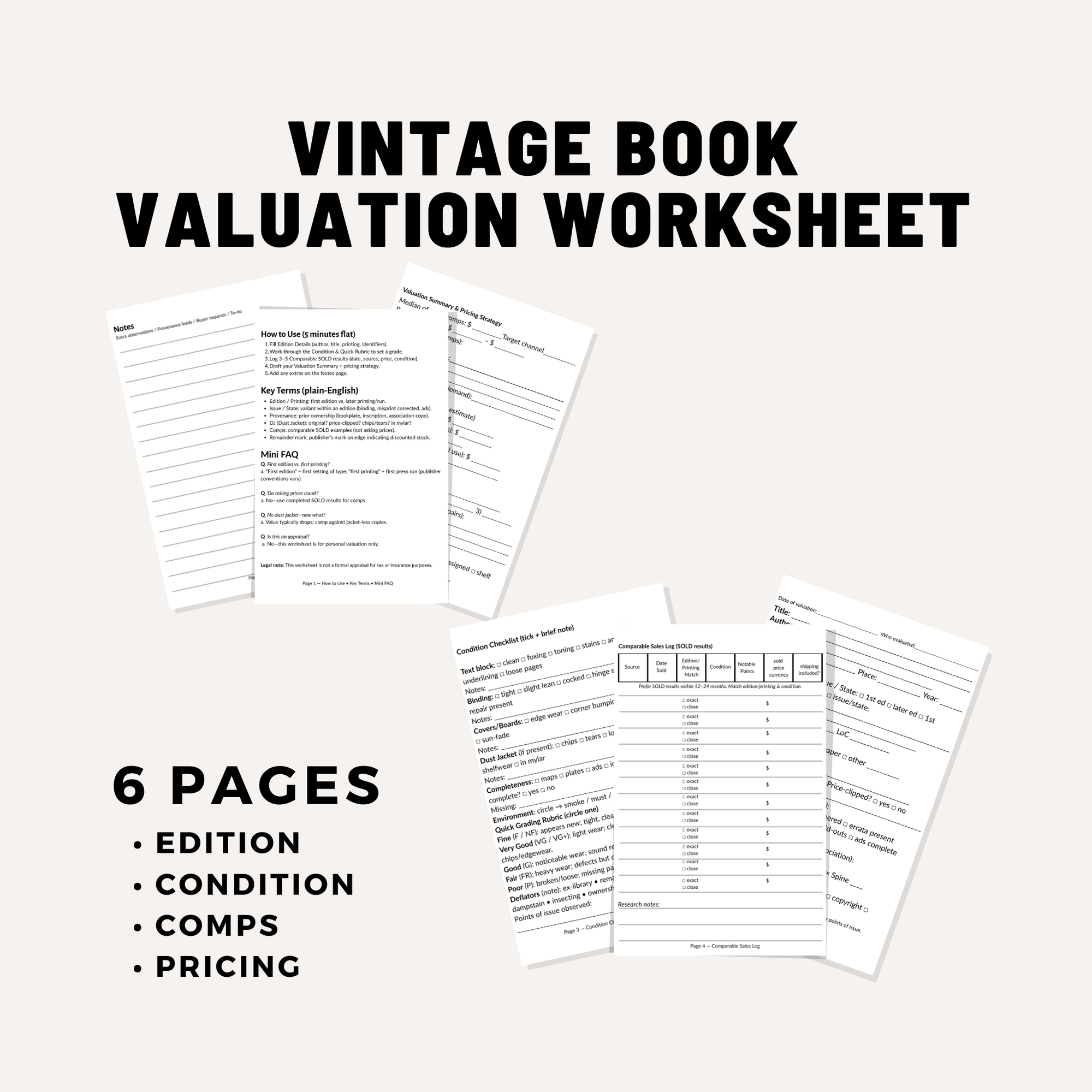 Vintage Book Valuation Worksheet (6 Pages) – Printable PDF for Buyers & Sellers | Condition, Edition & SOLD Comps