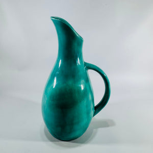 Vintage 1960s Turquoise Pottery Jug Pitcher 8x5 Curved Spout Modernist Bud Vase Mid Century Decor Teal Ceramic Vase