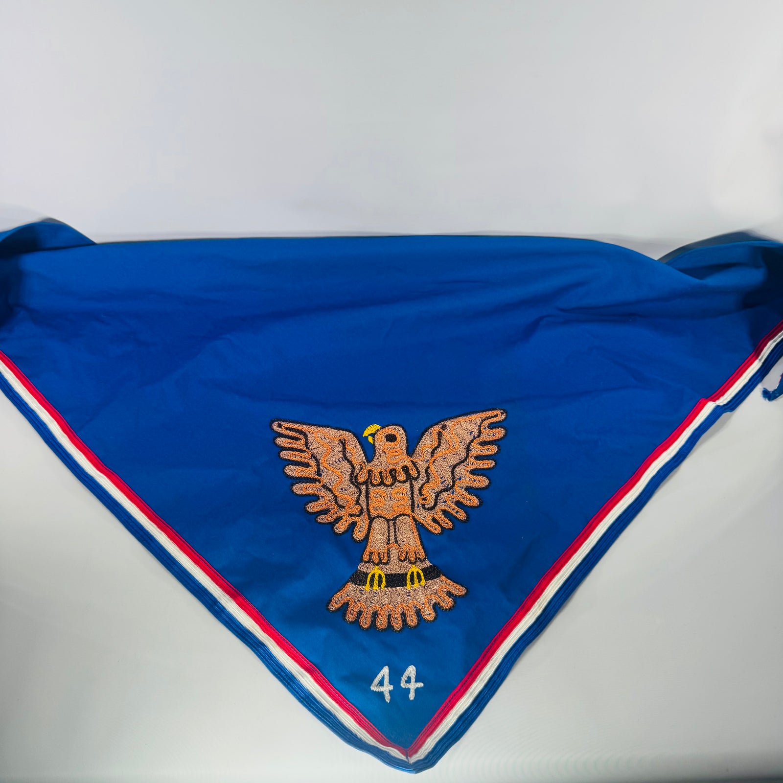 Vintage BSA Eagle Scout Neckerchief (Troop 44) – Blue Triangular Scarf w/ Embroidered Eagle, Red/White Trim