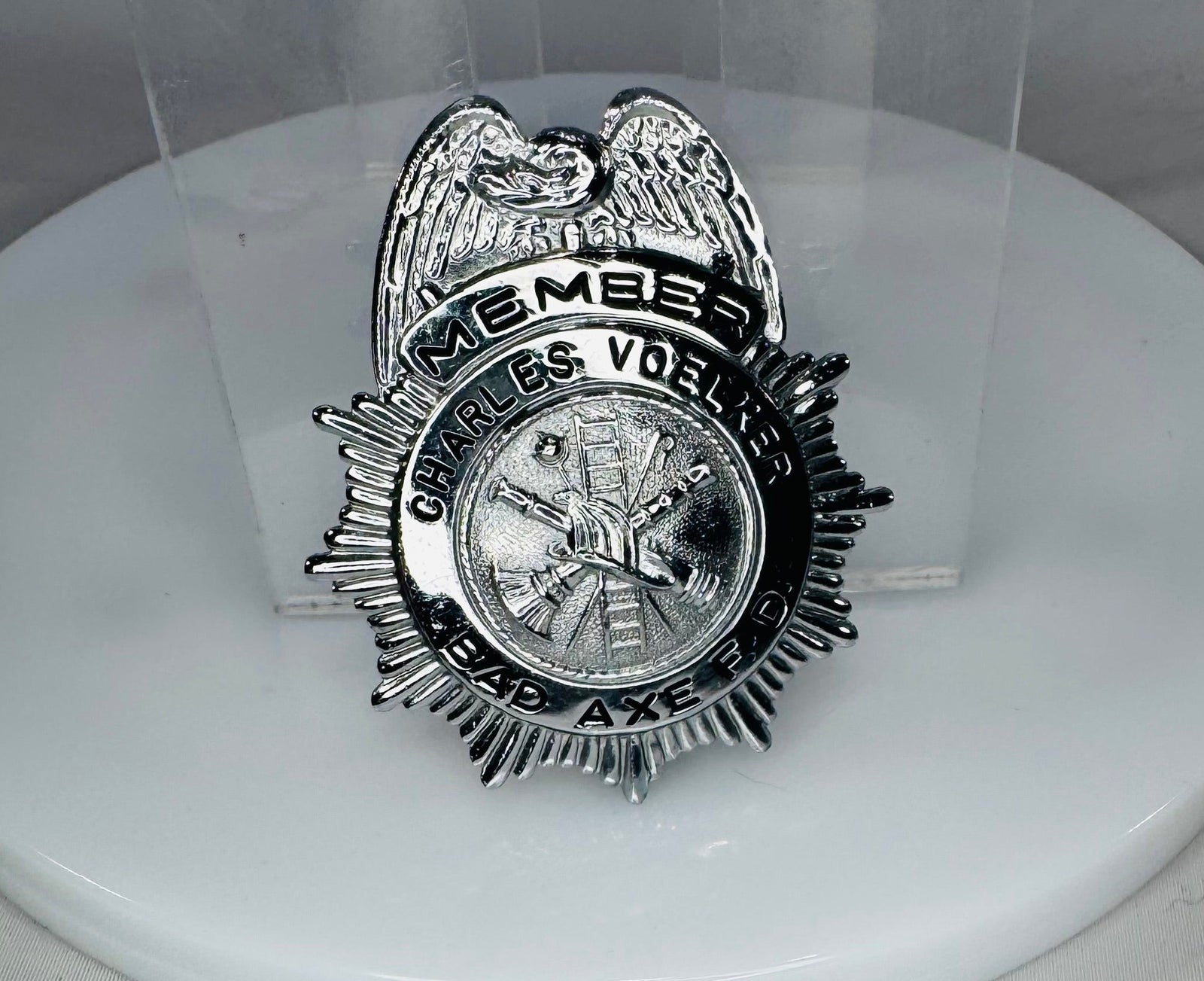 Vintage Bad Axe, Michigan Fire Dept Member Badge — Charles Voelker (2" x 2")