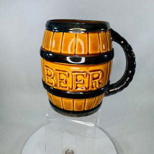 Vintage Barrel “BEER” Mug Tankard | Amber Brown Ceramic Barware (4.5x3)