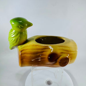 Vintage Bird on Log Planter 7x5x3, Green Ceramic Succulent Planter, Shallow Dish No Drainage, Woodland Decor, Cute Desk Caddy