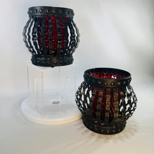 Vintage Black Metal Cage Candle Holders Pair Red Votive Inserts MCM Brutalist Gothic Decor
