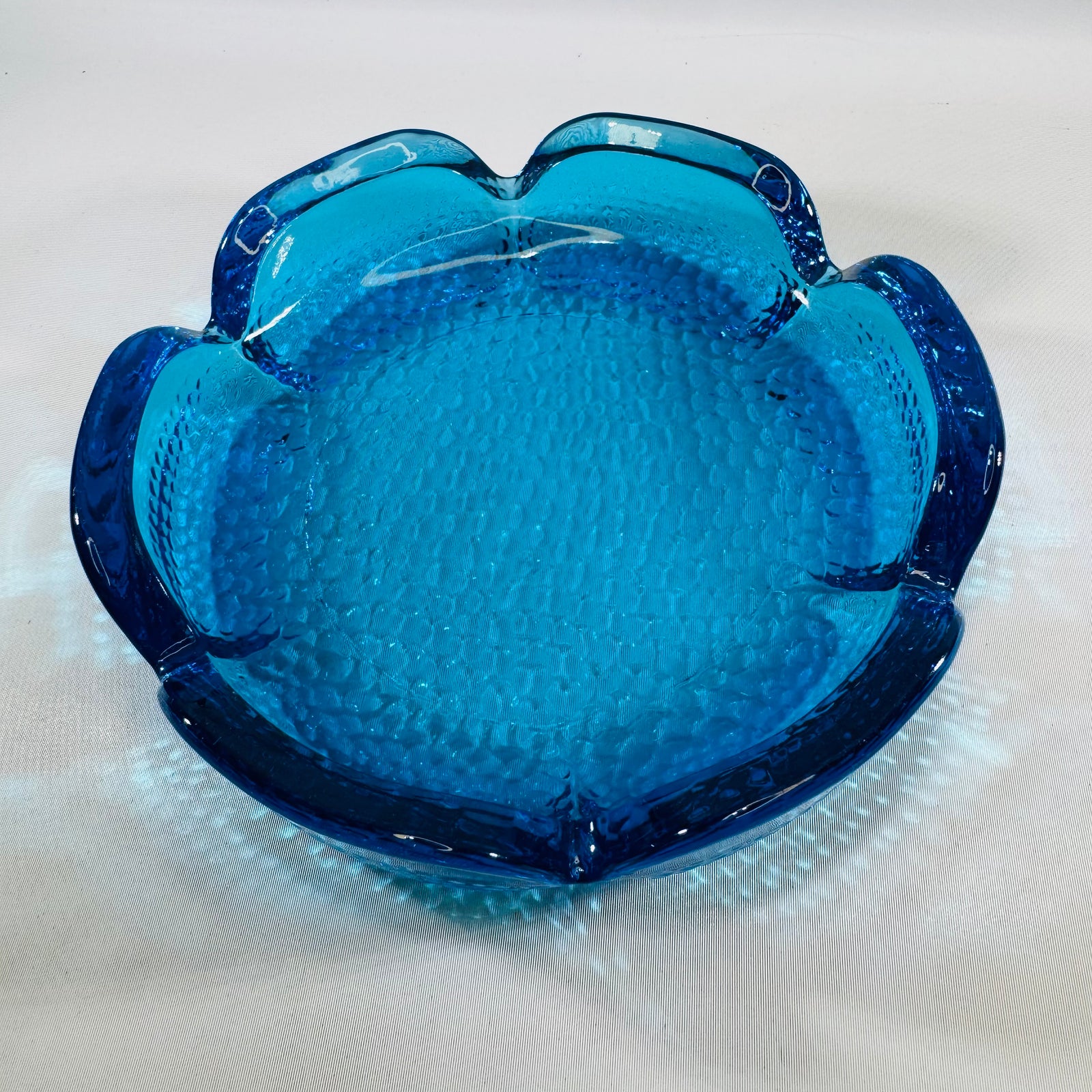 Vintage Blenko Blue Glass Lotus Ashtray, Pebbled Textured, Mid-Century Modern