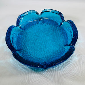 Vintage Blenko Blue Glass Lotus Ashtray, Pebbled Textured, Mid-Century Modern