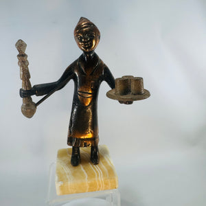 Vintage Bronze Pewter Merchant Sculpture on Marble Base Middle Eastern Tea Seller Figure 1950s