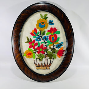 Vintage 1970s Crewel Embroidery Floral Wall Art Oval Frame Pennsylvania Dutch Style Spring Bouquet Needlework
