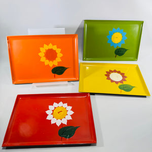 Vintage DABS Melamine Snack Trays Set of 4, 1960s Flower Power Rectangular Plates, Retro Daisy Serving Trays, 8x5 Japan