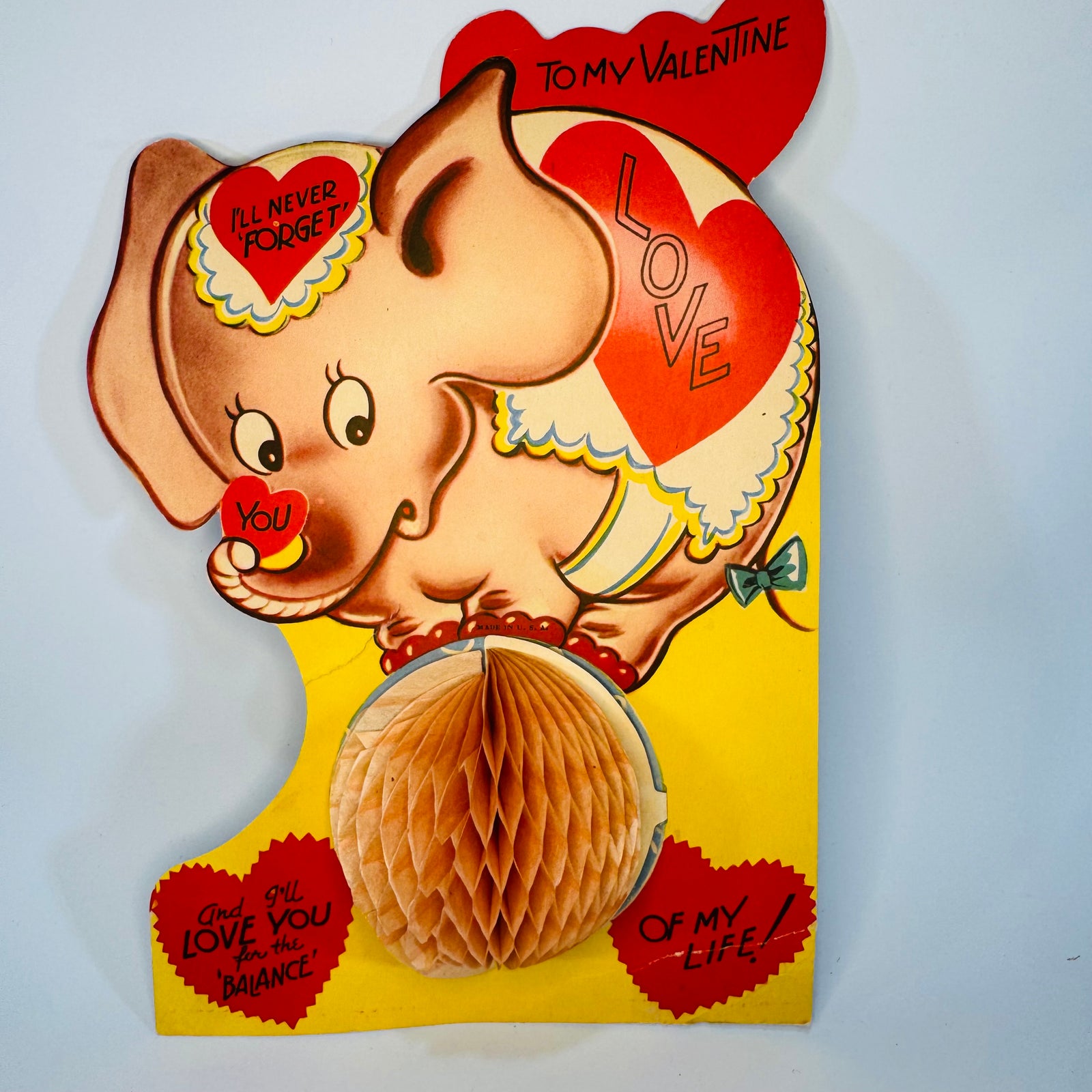 1920s 1930s Vintage Valentine Die Cut Elephant Pop Up Honeycomb Tissue Card To My Valentine “I’ll Never Forget!” 8x5.5