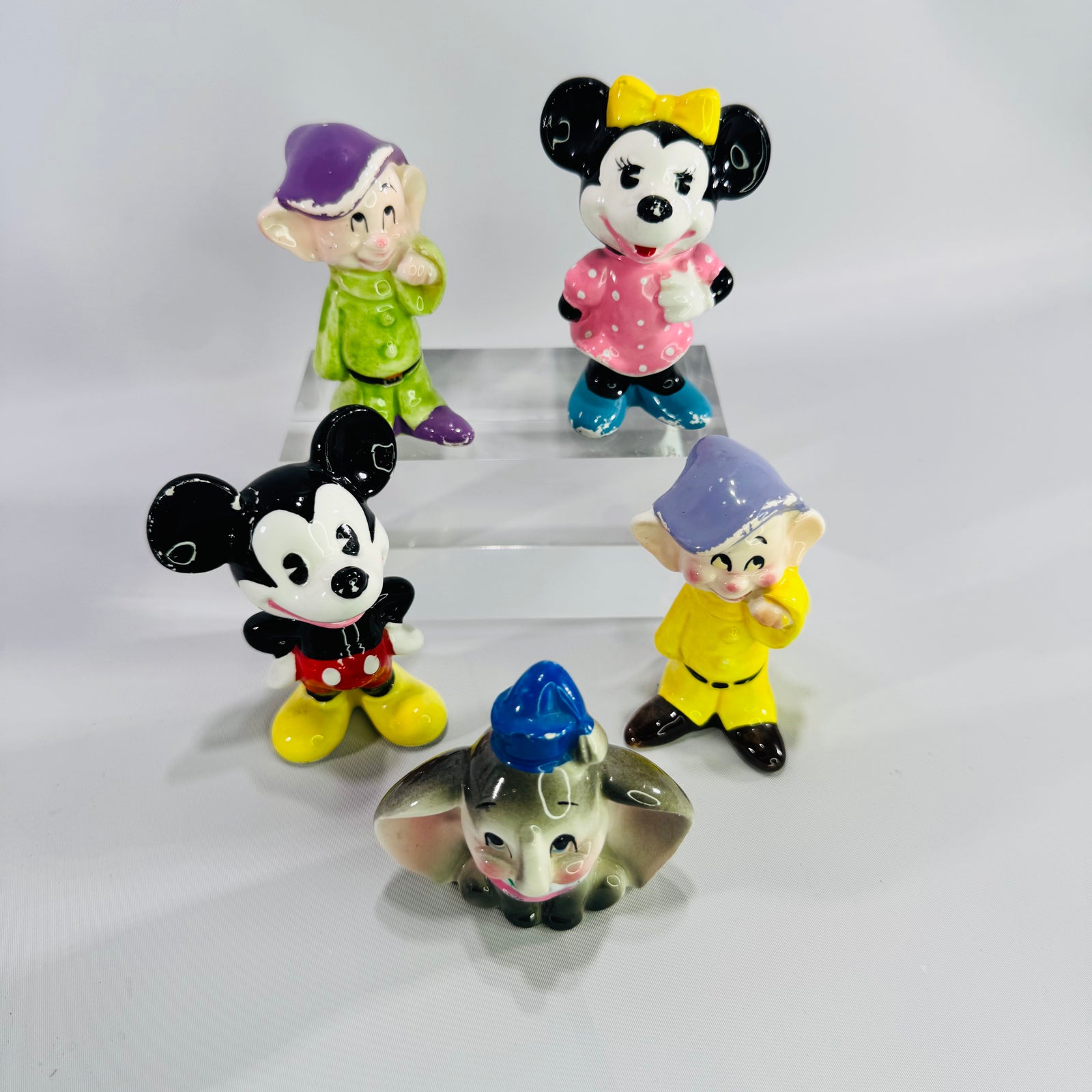 Vintage Disney Japan Ceramic Figurine Lot of 5, Mickey Minnie Dumbo and Two Dopey Character Figures