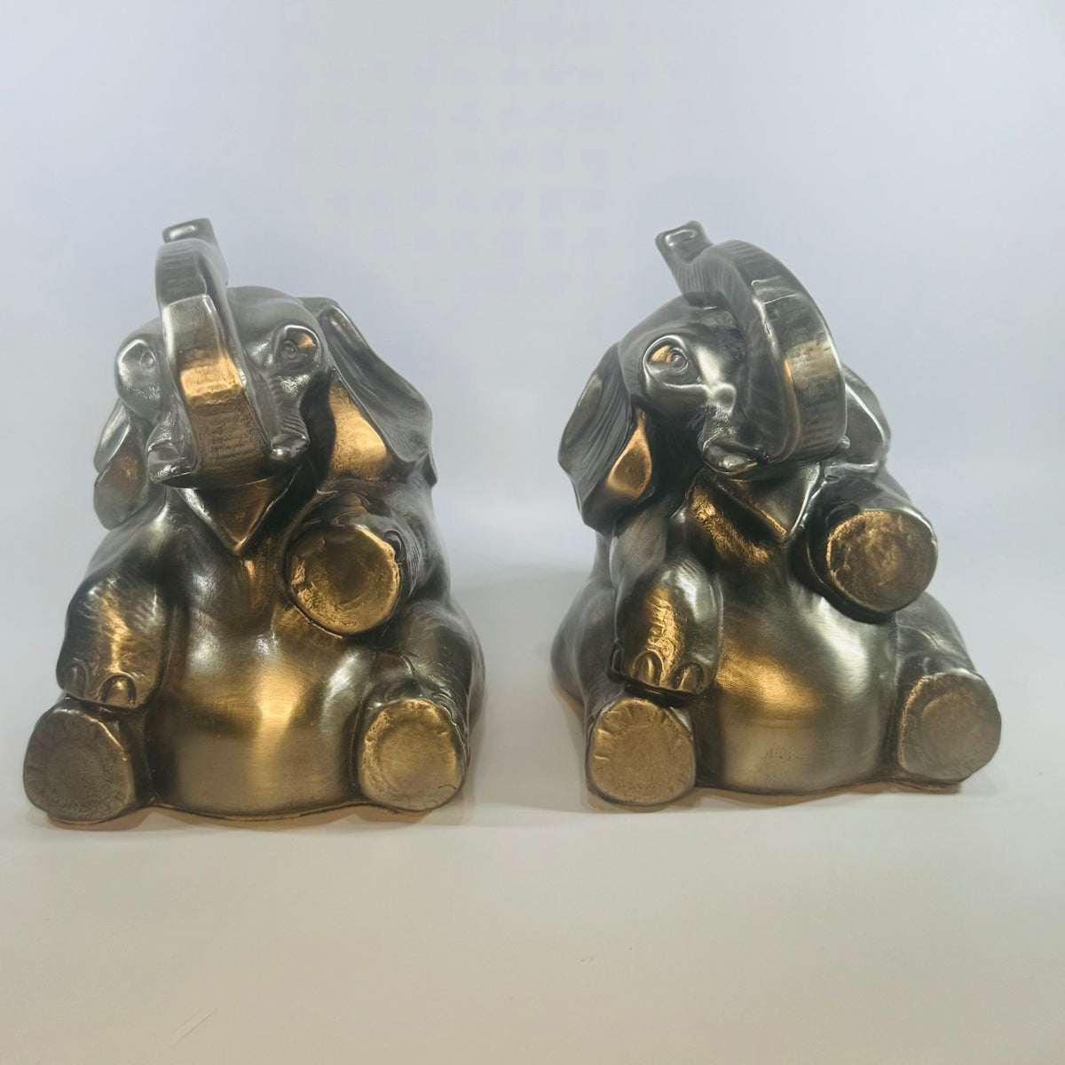 Vintage Elephant Bookends Pair PM Craftsman Philadelphia Manufacturing Pewter Finish Sitting Elephant Bookends Library Decor