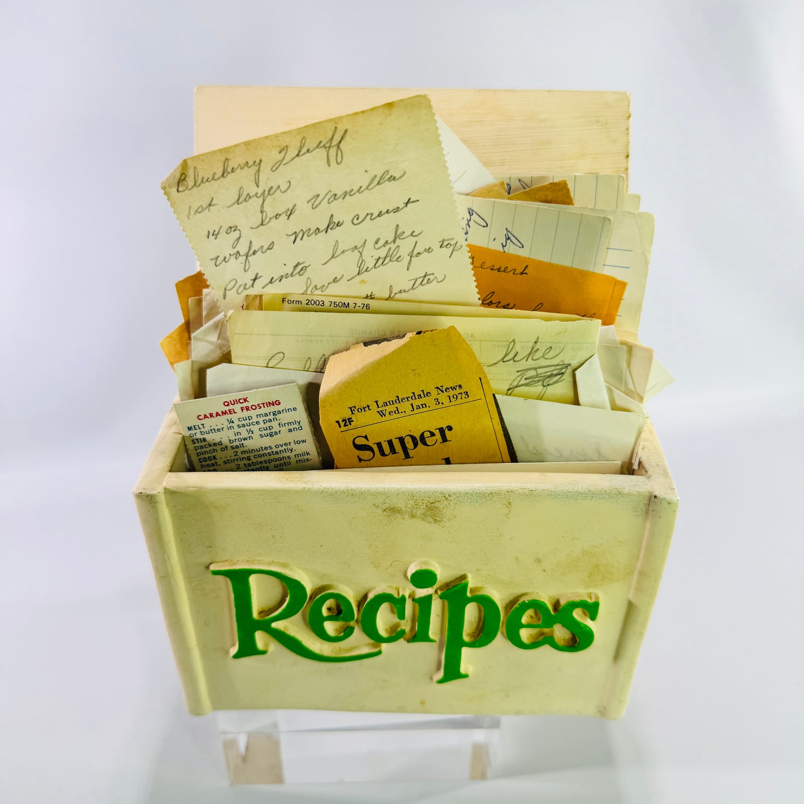 Vintage FTD Recipe Box Filled with Handwritten Family Recipes, Faux Wood Resin Floral Recipe Card Holder, 1980s Kitchen Ephemera