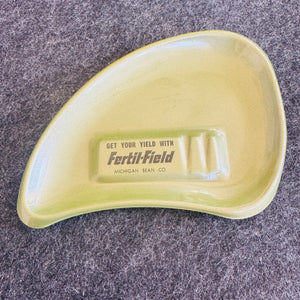 Vintage Fertil-Field Michigan Bean Co Advertising Ashtray | Green Boomerang Glass Tray | “Get Your Yield With” Farm Promo | 6x4
