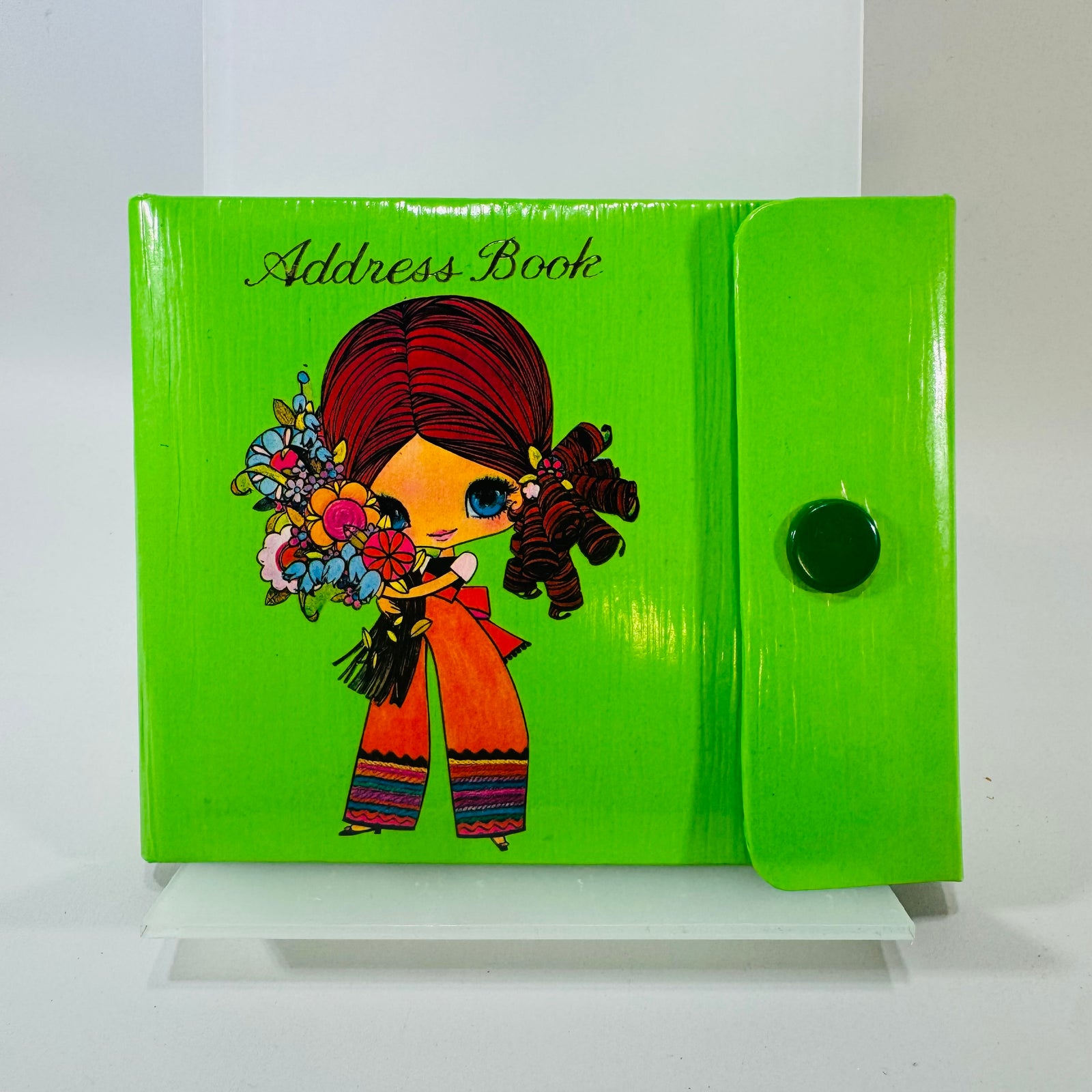 Vintage 1970s American Greetings Flower Child Address Book, Mod Big Eye Girl Japan, Green Kitsch Hippie Stationery Organizer